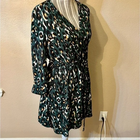 Express Dress Small Olive Green Animal Print Black Mustard Cream Mini Faux Wrap - Picture 5 of 15